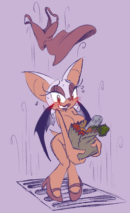 anthro bat_wings big_breasts big_ears black_nose breasts clothing dress embarrassed eyelashes eyeshadow female footwear front_view fur green_eyes holding_groceries holding_object looking_at_viewer makeup membrane_(anatomy) membranous_wings nude pink_clothing pink_dress pink_eyeshadow pink_footwear pink_shoes purple_background purple_wings shoes simple_background solo tan_body tan_fur wardrobe_malfunction white_body white_fur wings brapplesauce sega sonic_the_hedgehog_(series) rouge_the_bat bat mammal hi_res