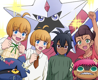 anthro black_hair blonde_hair blue_eyes blush brown_hair cheering cloak clothing cowl female group hair male pink_hair smile paqaaaa bandai_namco digimon digimon_beatbreak granit_(digimon_beatbreak) makoto_kuonji stella_(digimon_beatbreak) tsukasa_kuonji chiropmon digimon_(species) human ludomon mammal starmon