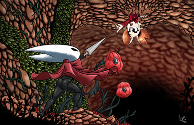 anthro big_ears black_body black_eyes buckteeth butt cloak cloak_only clothing duo empty_eyes eyelashes female fur gesture hand_gesture holding_object holding_weapon notched_ear open_mouth pink_nose pointing red_cloak red_clothing teeth weapon white_body white_fur fuzzycogs hollow_knight_(franchise) mina_the_hollower team_cherry yacht_club_games hornet_(hollow_knight) mina_(mina_the_hollower) arachnid arthropod mammal mouse murid murine rodent spider absurd_res hi_res