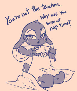 4_fingers anthro bedding biped blanket blue_text clothed clothed_anthro clothed_female clothing dialogue dress eyebrows eyelashes female female_anthro fingers flat_chested floppy_ears fur half-closed_eyes kneeling looking_at_viewer lop_ears narrowed_eyes open_mouth personal_alarm pillow pupils scut_tail short_sleeves short_tail solo tail talking_to_viewer teeth text tongue young young_anthro young_female soulcentinel eclair_(soulcentinel) lagomorph leporid mammal rabbit 2025 english_text monochrome