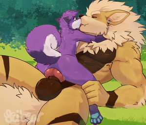 5_fingers anal anal_penetration animal_genitalia animal_penis anthro balls brown_body brown_eyes brown_fur brown_nose butt canine_genitalia canine_penis cheek_tuft cute_fangs duo ear_piercing facial_tuft fangs fingers fluffy fluffy_tail fur fur_markings genitals grass hair holding_leg kissing kissing_while_penetrated kissing_while_penetrating knot knotted_penis looking_at_another lying male male/male male_penetrated male_penetrating male_penetrating_male markings muscular muscular_anthro muscular_male narrowed_eyes neck_tuft nude nude_anthro nude_male outside pawpads paws penetration penis piercing plant purple_body purple_fur sex shrub size_difference tail tan_body tan_fur teal_eyes teal_pawpads teeth text tuft seibear nintendo pokemon shay_husky arcanine canid canine canis domestic_dog generation_1_pokemon husky mammal nordic_sled_dog pokemon_(species) spitz 2026 artist_name watermark