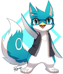 4_toes anthro barefoot beak blue_body blue_eyes blue_fur blue_hair blue_tail bottomless cheek_tuft chest_tuft claws clothed clothing eyewear facial_tuft feet front_view fur gesture glasses glistening glistening_eyes grey_clothing grey_topwear hair male paws plantigrade rectangular_glasses short_hair simple_background solo standing tail toes topwear tuft waving waving_at_viewer white_body white_fur white_tail yellow_beak penguinexperience avian bird hybrid penguin full-length_portrait portrait signature