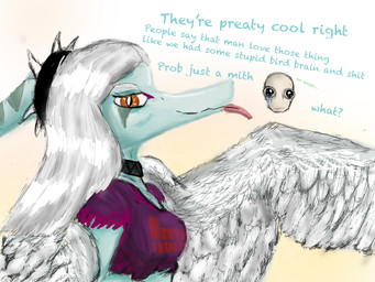 anthro anthro_focus bald big_pupils biped blue_body bodily_fluids bone_frill breasts canon_couple choker clothed clothed_anthro clothed_female clothing collar crop_top crying cutaway dialogue duo feathered_wings feathers female female_focus frill_(anatomy) gradient_background grey_body grey_feathers grey_hair hair human_on_anthro interspecies jewelry looking_at_viewer male male/female markings medium_breasts necklace non-mammal_breasts orange_eyes pupils purple_clothing purple_crop_top purple_shirt purple_topwear shirt simple_background smile smirk spiked_collar spikes spread_wings striped_markings stripes talking_to_another taunting tears tears_of_joy text tongue tongue_out topwear wide_eyed wings caldinie1 cavemanon_studios goodbye_volcano_high ko_op_(game_developer) snoot_game anon_(snoot_game) fang_(gvh) human mammal prehistoric_species pterodactylus pterosaur reptile scalie 2024 4:3 colored english_text hi_res