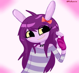 ahoge anthro big_eyes blush clothing female fingerless_gloves gloves grey_clothing grey_shirt grey_topwear hair handwear humanoid_hands long_hair looking_at_viewer off-shoulder_top purple_clothing purple_fingerless_gloves purple_gloves purple_hair purple_handwear shirt smile smiling_at_viewer solo topwear missnatzooie glitch_productions the_amazing_digital_circus gooseworx's_post-transition_jax_design jax_(tadc) lagomorph leporid mammal rabbit 2026 absurd_res digital_drawing_(artwork) digital_media_(artwork) english_description hi_res trans_(lore) trans_woman_(lore)