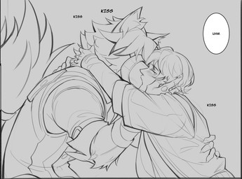anthro arm_belt bangs black_nose blush blush_lines butler butler_outfit caressing_face chest_harness claws clothing comic_panel dialogue duo eye_patch eyes_closed eyewear finger_claws fluffy fluffy_chest fluffy_tail formal_clothing formal_wear hair hair_over_eye harness holding_face holding_neck hug hugging_another inner_ear_fluff kissing larger_anthro long_bangs long_sleeve_shirt male male/male muzzle_(object) one_eye_obstructed rolled_up_sleeves simple_background size_difference tail tuft vy_feehily mihoyo zenless_zone_zero von_lycaon wise_(zenless_zone_zero) canid canine canis human mammal wolf black_and_white comic hi_res monochrome