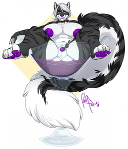 animal_genitalia anthro balls big_balls big_breasts breasts collar container cup drinking_glass genitals glass glass_container glass_cup gynomorph intersex looking_at_viewer nipples nude penis penis_tip sheath slightly_chubby smile solo redpixie desurei felid feline mammal hi_res