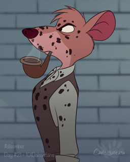 anthro clothed clothing fur male mouth_closed object_in_mouth shirt side_view smoking_pipe smoking_pipe_in_mouth solo spots text topwear vest atimon 101_dalmatians disney the_great_mouse_detective basil_(disney) roger_radcliffe mammal mouse murid murine rodent 2023 4:5 hi_res signature