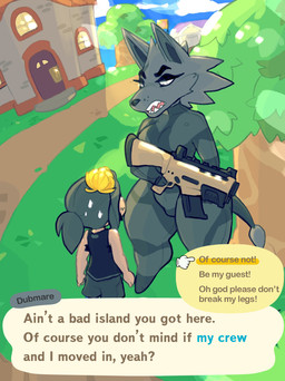 anthro asking asking_another bodily_fluids breasts clothed clothing curvy_figure dialogue dialogue_box duo female gun hair header header_box highlighted_text holding_gun holding_object holding_ranged_weapon holding_weapon larger_female male open_mouth outside plant question ranged_weapon size_difference smaller_male standing sweat tag_question talking_to_another text text_box text_box_prompt text_emphasis thick_thighs tree voluptuous weapon yes-no_question jinti third-party_edit animal_crossing nintendo dubmare villager_(animal_crossing) canid canine human mammal 2020 alternate_version_at_source digital_media_(artwork) english_text hi_res
