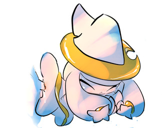 anthro blush bodily_fluids clothing disembodied_penis dress duo eyes_closed female genitals hat headgear headwear lying male male/female on_side penis sex simple_background sweat white_body godforgiveme4 palworld pocketpair pal_(species) hi_res