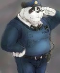 anthro black_body black_fur bottomwear clothing fur hat headgear headwear humanoid_hands kemono male necktie overweight overweight_male pants police police_hat police_officer police_uniform shirt solo topwear uniform white_body white_fur laohu aggretsuko sanrio bear giant_panda mammal 2022 5:6 absurd_res hi_res