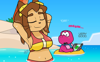 beach big_breasts breasts clothing distracted duo eyewear female goggles sea stretching swimwear tablet_computer two-piece_swimsuit water wet dm29 gameoverse glitch_productions gobbles_(gameoverse) kit_bodega dinosaur domestic_cat felid feline felis mammal prehistoric_species reptile scalie 16:10 hi_res widescreen