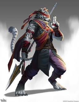 anthro belt blindfold bottomwear claws clothing digitigrade fur gesture grey_body grey_fur holding_melee_weapon holding_object holding_polearm holding_spear holding_weapon male markings melee_weapon pants polearm red_clothing simple_background solo spear standing striped_markings striped_tail stripes tail tail_markings weapon brian_valeza dungeons_and_dragons hasbro wizards_of_the_coast felid feline mammal tabaxi 2020