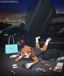 anthro car cellphone clothing dress drugs electronics female gun jewelry locket makeup money necklace night outside paws phone poppers ranged_weapon smartphone solo vehicle weapon young r3drunner airpods apple_inc. iphone courtney_(r3drunner) beagle canid canine canis domestic_dog hunting_dog mammal scent_hound