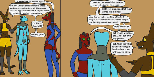 ambiguous_gender anthro blue_clothing brown_body clothed clothing dialogue female flat_chested group machine nder profanity red_body skimpy text toeless_legwear trio yellow_clothing trinitite ina_(trinitite) tory_(trinitite) ahuizotl amphibian android badger mammal mustelid musteline robot robot_anthro salamander comic english_text hi_res