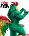 anthro arm_tuft back_muscles bedroom_eyes biceps bubble_butt butt cereal cereal_bowl cereal_mascot cutlery deltoids erection feather_hair feathers food forearm_muscles foreskin genitals green_body green_feathers grin holding_object humanoid_genitalia humanoid_penis kitchen_utensils knee_up looking_at_viewer looking_back male muscular muscular_arms muscular_legs muscular_thighs narrowed_eyes nude penis pseudo_hair rear_view red_body red_feathers seductive shoulder_tuft simple_background smile solo spoon text thick_thighs tools triceps tuft vein veiny_penis white_background yellow_body yellow_feathers kaijurah kellogg's cornelius_(kellogg's) avian bird chicken galliform gallus_(genus) phasianid 2025 hi_res