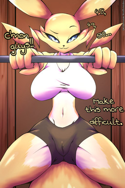 anthro athletic_wear big_breasts black_nose black_sclera blue_eyes blush bottomwear breast_spread breasts camel_toe clothing dialogue exercise eyebrows female floor fur gym gym_bottomwear gym_shorts looking_at_viewer lying navel raised_eyebrow seductive shorts simple_background smile solo spread_arms spread_legs spreading text thick_thighs white_body white_fur wood wood_floor yellow_body yellow_fur brennan_d_vries bandai_namco digimon canid canine digimon_(species) mammal renamon digital_media_(artwork) english_text hi_res signature