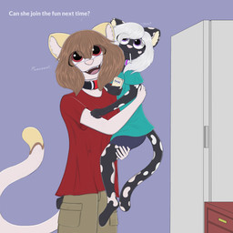 age_difference anthro appliance blue_clothing blue_shirt blue_topwear bottomwear brown_hair cargo_pants clothing container cream_ears dark_body dark_fur duo female fridge fur hair kitchen_appliance milk_carton milk_container pants purple_eyes red_eyes shirt spots topwear white_body white_fur white_hair white_spots young young_female younger_female rilium rilium_(character) rosvy_(rilium) domestic_cat felid feline felis mammal 1:1 hi_res sibling_(lore) sister_(lore) sisters_(lore)
