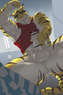 anthro big_muscles big_penis blue_eyes bodily_fluids boxers_(clothing) ceiling_lamp clothing erection genitals humanoid_genitalia lamp locker locker_room male masturbation muscular musk nipples penis penis_grab red_clothing red_shirt red_tank_top red_topwear shirt solo sweat tank_top topwear underwear rotton morenatsu torahiko_ooshima felid mammal pantherine tiger 2021 absurd_res hi_res