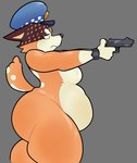 4_fingers anthro belly big_belly big_breasts big_butt biped black_eyes black_nose bodily_fluids breasts brown_body brown_ears brown_fur butt cheek_tuft clock closed_frown clothing extended_arms eyebrows facial_tuft featureless_breasts female fingers frown fur fur_tuft glistening glistening_arms glistening_belly glistening_body glistening_breasts glistening_fur glistening_gun glistening_legs glistening_nose glistening_thighs gloves_(marking) grey_background grumpy gun hat headgear headwear holding_gun holding_object holding_ranged_weapon holding_weapon huge_butt huge_thighs humanoid_hands iris light_body light_fur looking_back markings mature_anthro mature_female monotone_background mostly_nude mostly_nude_anthro mostly_nude_female mouth_closed multicolored_body multicolored_face multicolored_fur narrowed_eyes no_pupils orange_body orange_fur orange_spots orange_tail overweight overweight_anthro overweight_female pointing_gun pointy_ears police police_hat pose prick_ears ranged_weapon side_view simple_background snout solo spots spotted_back spotted_body spotted_face spotted_fur spotted_markings spotted_tail standing sweat sweatdrop tail tail_markings tan_inner_ear thick_eyebrows thick_thighs tuft two_tone_tail watch weapon white_body white_breasts white_eyebrows white_fur white_markings white_spots white_tail wide_hipped_anthro wide_hipped_female wide_hips wristwatch awakecore bluey_(series) chilli_heeler australian_cattle_dog canid canine canis cattledog domestic_dog herding_dog mammal pastoral_dog 2025 digital_drawing_(artwork) digital_media_(artwork) hi_res portrait three-quarter_portrait