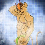 abs antennae_(anatomy) anthro barely_visible_genitalia biped black_nose brown_eyebrows brown_hair buckteeth clothed clothing eyebrows fur genitals green_clothing green_speedo green_swimwear hair hand_behind_head looking_at_viewer male multicolored_hair muscular muscular_anthro muscular_male navel nipples open_mouth open_smile orange_hair pecs pink_nipples pink_tongue red_eyes smile solo speedo speedo_only steam swimwear tail teeth tongue topless topless_anthro topless_male translucent translucent_clothing two_tone_hair wet yellow_body yellow_fur yellow_sclera fabfelipe biker_mice_from_mars rimfire_(bmfm) alien mammal mouse murid murine rodent 1:1 2021 digital_drawing_(artwork) digital_media_(artwork) hi_res