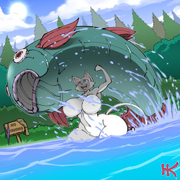anthro big_breasts breasts featureless_breasts featureless_crotch female female_anthro feral fin fishing forest_background fur green_body holding_another huge_breasts lake larger_feral muscular muscular_anthro muscular_female nude outside raised_arms sign size_difference smaller_anthro splash tail thick_thighs water white_body white_fur wide_hips hayakain kitty_(hayakain) aquatic domestic_cat felid feline felis fish mammal 1:1