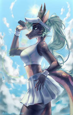 anthro black_horn blue_bottomwear blue_clothing blue_eyes blue_hair blue_skirt blue_sky blue_topwear bodily_fluids bottomwear clothed clothing cloud eyelashes fangs female glistening glistening_eyes grey_body grey_nose hair horn long_hair narrowed_eyes outside side_view skirt sky solo standing sun sweat tail tan_body teeth text topwear admiralobster mythology dragon mythological_creature mythological_scalie scalie absurd_res artist_name hi_res portrait three-quarter_portrait