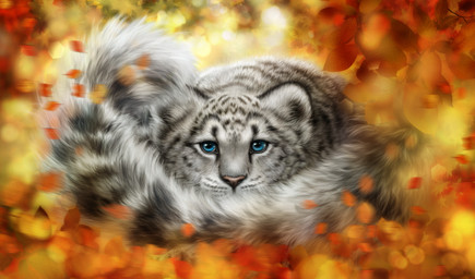 ambiguous_gender autumn black_body black_fur blue_eyes bokeh day detailed_fur feral fluffy fluffy_tail fur grey_body grey_fur leaf looking_at_viewer outside photorealism realistic solo tail white_body white_fur elena_roslyakova felid mammal pantherine snow_leopard 2015 detailed hi_res