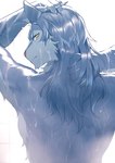 anthro bathing fur grey_body grey_fur looking_back male rear_view shirtless showering solo wet yellow_eyes hozunomi lifewonders tokyo_afterschool_summoners hati_(tas) canid canine canis mammal wolf