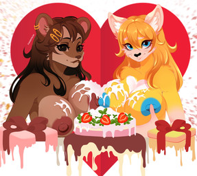 anthro areola big_breasts blue_eyes blue_nipples blue_penis breast_squish breasts breasts_frottage brown_body brown_eyes brown_fur brown_hair cake dessert duo ear_piercing female female/female food fur genitals hair icing nipples nude penis piercing smile squish white_body white_fur yellow_body yellow_fur fukksitacin akatosh canid canine fox mammal mephitid skunk absurd_res hi_res