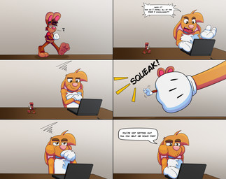 3_toes 4_fingers anthro big_feet big_tongue cartoon_gloves duo extreme_size_difference eyebrows eyewear feet fingers glasses macro male male/male micro open_mouth pawpads paws red_tongue size_difference soft_vore soles tail text toes tongue toony vore wide_tongue doggydog doggydog_(character) roderick_(tamerkoh) toon_doggydog_(doggydog) canid canine canis domestic_dog lagomorph leporid mammal rabbit absurd_res comic english_text hi_res
