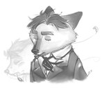 anthro biped bow_tie clothing eyes_closed leaf shirt simple_background solo suit topwear white_background gerardson disney zootopia gideon_grey canid canine fox mammal red_fox true_fox 2016 half-length_portrait monochrome portrait