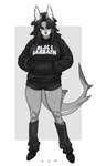 anthro bottomwear breasts clothing ear_piercing ear_ring eyebrows female hair hands_in_both_pockets hoodie looking_at_viewer piercing ring_piercing shorts solo topwear pgm300 black_sabbath anchovy_(cursedanchovy) canid canine canis fish hybrid mammal marine shark wolf 2024 absurd_res hi_res