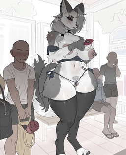 animal_dildo animal_sex_toy anthro areola arm_tuft barbell_piercing big_breasts biped blush blush_lines bodily_fluids breasts clothing dildo elbow_tuft electronics equine_dildo eyelashes facial_tuft female female_anthro genitals group larger_female legwear long_eyelashes male male_human nipple_dip nipple_piercing nipples phone piercing pubes public public_nudity pussy_floss sex_toy shoulder_tuft size_difference sweat sweatdrop thigh_highs tuft underwear vulva jingzhou14848 hellaverse helluva_boss mythology loona_(helluva_boss) canid canid_demon canine demon hellhound human mammal mythological_canine mythological_creature 2026 absurd_res hi_res