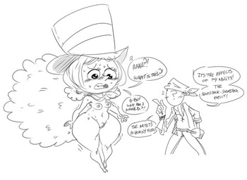 blush blush_lines breasts clothing dialogue duo female fluffy fluffy_tail hat hat_only headgear headgear_only headwear headwear_only male male/female mostly_nude nipples nude pubes scarf shortstack surprised tail thick_thighs mhdrawin one_piece anon wicca_(one_piece) dwarf human humanoid mammal monochrome