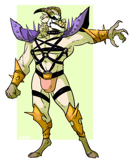 anthro armor_plates bondage_gear bulge claws clothing corpse_paint cuff_(restraint) demonic detailed_bulge harness male metal_cuffs occult_symbol pentagram pentagram_harness restraints satanic shoulder_pads solo symbol thong underwear markmurders sweatpants_(artist) copyright_request santanicus_sexicus(markmurders) bovid caprine goat mammal 4:5 absurd_res character_request hi_res