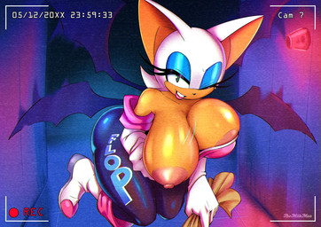 anthro areola areola_slip bedroom_eyes big_breasts breasts camera_view clothed clothing female flashing huge_breasts looking_at_viewer narrowed_eyes nipples one_eye_closed seductive solo thick_thighs tight_clothing topless themilkman sega sonic_the_hedgehog_(series) rouge_the_bat bat mammal absurd_res hi_res