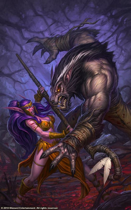 angry anthro armor bottomwear breasts claws clothing duo female fight fur hair headgear helmet holding_object holding_staff long_hair loose_feather male muscular muscular_male open_mouth pants plant ponytail purple_hair sharp_teeth staff teeth glenn_rane blizzard_entertainment warcraft belysra_starbreeze canid elf humanoid mammal night_elf werecanid werecreature worgen 2010 cover cover_art cover_page official_art