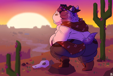 anthro belly big_belly bone boots butt cactus chewing_grass claws cliff clothed clothing cowboy_hat desert detailed_background footwear fur hand_on_hat hat headgear headwear male markings obese obese_anthro obese_male outside overweight overweight_anthro overweight_male plant purple_body purple_fur shoes skull sky smile solo spots spotted_body spotted_fur step_pose sunset thick_thighs tipping_hat wild_west syc hyena mammal spotted_hyena absurd_res hi_res