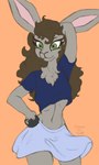 anthro arm_above_head blue_clothing bottomwear brown_body brown_hair chest_tuft clothing crop_top curled_hair female green_eyes hair horizontal_pupils looking_at_viewer midriff navel pupils shirt skirt slim solo topwear tuft conditional_dnp octavetothink nella_(octavetothink) bovid caprine mammal sheep 2022 digital_drawing_(artwork) digital_media_(artwork) hi_res