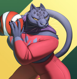 anthro athletic athletic_anthro athletic_female ball basketball_(ball) bottomwear claws clothed clothed_anthro clothed_female clothing feline_tail female finger_claws fingers front_view fur grey_body grey_fur head_turned holding_basketball humanoid_hands long_tail looking_aside markings orange_eyes pants pose red_bottomwear red_clothing red_pants red_shirt red_topwear shirt simple_background solo spots spotted_body tail text topwear whiskers yellow_sclera skyford goat_(movie) jett_fillmore felid mammal pantherine artist_name colored shaded watermark