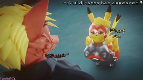 anthro big_breasts blonde_hair breasts clothing cosplay_pikachu_(costume) duo female fur hair latex latex_clothing male male/female nipple_outline red_body red_fur short_stack text alonewolf343 nintendo pokemon kanna_(joaoppereiraus) pikachu_libre sora_(fursora) canid canine canis generation_1_pokemon mammal pikachu pokemon_(species) wolf 16:9 hi_res spanish_text tagme widescreen