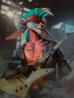 anthro black_clothing black_jacket black_nose black_topwear blue_eyes blue_hair blurred_background clothed clothing ear_piercing ear_ring ear_stud ear_tuft electric_guitar front_view fur gauged_ear gold_(metal) gold_tooth grey_body grey_fur guitar hair holding_guitar holding_musical_instrument holding_object horn inside jacket looking_at_viewer male multicolored_eyes musical_instrument orange_body orange_eyes orange_fur piercing plucked_string_instrument red_body red_fur red_horn ring_piercing solo string_instrument text topwear tuft two_tone_eyes white_body white_fur marie_merkh species_request artist_name hi_res signature