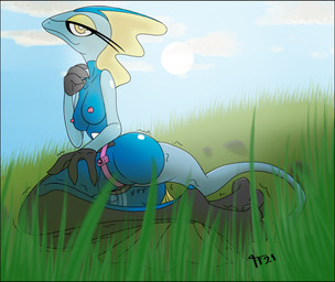 2020 anthro bedroom_eyes black_border blue_body blue_skin bodily_fluids border breasts butt claws digital_drawing_(artwork) digital_media_(artwork) digital_painting_(artwork) egg_vibrator eyelashes female fin genital_fluids genitals grass_field half-closed_eyes hi_res humanoid inteleon leg_grab leg_shaking lizard long_eyelashes looking_at_viewer narrowed_eyes nintendo nude pokémon pokémon_(species) presenting presenting_hindquarters presenting_pussy pussy pussy_juice reptile scalie seductive sex_toy smile smirk smug solo thick_tail thigh_grab trialtrex21 vibrator video_games yellow_eyes