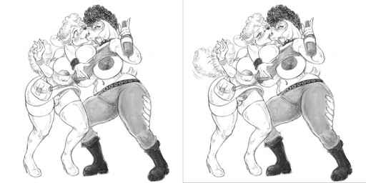 anthro anthro_on_anthro areola balls big_breasts biped breasts clothed clothing duo ear_piercing ear_ring erection female floppy_ears french_kissing genitals glans gynomorph gynomorph/female huge_breasts huge_hips huge_thighs humanoid_genitalia humanoid_penis intersex intersex/female intraspecies kissing nipples penis piercing ring_piercing small_waist tail tail_motion tailwag thick_thighs wide_hips helmeet_el_gato latoya_(greatbritainbill) sybille_(greatbritainbill) canid canine canis domestic_dog mammal poodle 2:1 absurd_res hi_res monochrome