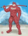 anthro balls big_muscles brown_body brown_fur erection flaccid foreskin fur genitals humanoid_genitalia humanoid_penis katana kemono male melee_weapon muscular muscular_anthro muscular_male nipples nude outside penis pubes smile solo sword vein weapon risuhiena the_boy_and_the_beast kumatetsu bear mammal absurd_res hi_res