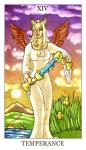 anthro blonde_hair blue_eyes card card_template clothed clothing cloud container cup domestic_cat dress feathered_wings feathers felid feline felis female feralise flower fortune_telling fur grass hair iris_(flower) major_arcana mammal maunzi_(velvetkittie) mountain outside path plant red_body red_feathers sky solo sun tan_body tan_fur tarot tarot_card temperance_(tarot) water wings