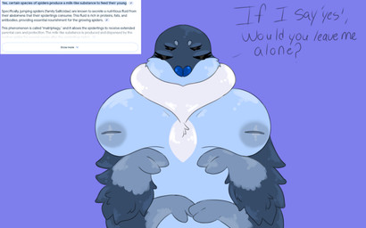 annoyed anthro big_breasts blue_body blue_fur breasts eyes_closed female fluffy fur holding_breast inverted_nipples married_woman mature_anthro mature_female multi_eye multi_limb multicolored_body nipples research sexual_harassment slightly_chubby slightly_chubby_female solo sundaecatshop mrs._martini_(sundaecatshop) arachnid arthropod spider 16:10 widescreen