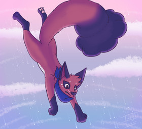 ambiguous_gender black_body black_fur blue_kerchief blue_neckerchief brown_eyes cloud dipstick_tail falling feral fur head_tuft kerchief leg_markings looking_down markings neckerchief neckwear pawpads pink_pawpads raining red_body red_fur sky socks_(marking) solo tail tail_markings text tuft white_body white_fur tastytales nintendo pokemon z_(tastytales) generation_8_pokemon nickit pokemon_(species) 2022 artist_name hi_res male_(lore)