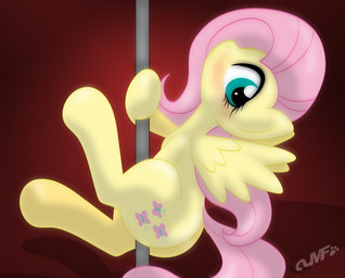 blush brown_background cutie_mark dancing dock_(anatomy) feathered_wings feathers female feral fur green_eyes hair hooves looking_at_viewer looking_back pink_hair pole pole_dancing simple_background smile solo spread_wings tail underhoof wings yellow_body yellow_feathers yellow_fur miniferu friendship_is_magic hasbro my_little_pony mythology fluttershy_(mlp) equid equine mammal mythological_creature mythological_equine pegasus 2014 hi_res