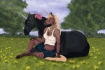 accessory anthro black_body black_hair black_tail blonde_hair blue_eyes brown_body clothed clothing detailed_background duo female feral flower flower_in_hair grass hair hair_accessory hooves horn leaning_on_another looking_away lying mane navel on_side plant sitting tail tree yellow_eyes yellow_tail dream_merchant mythology luna_(chestnutluna) equid equine mammal mythological_creature mythological_equine unicorn 2021